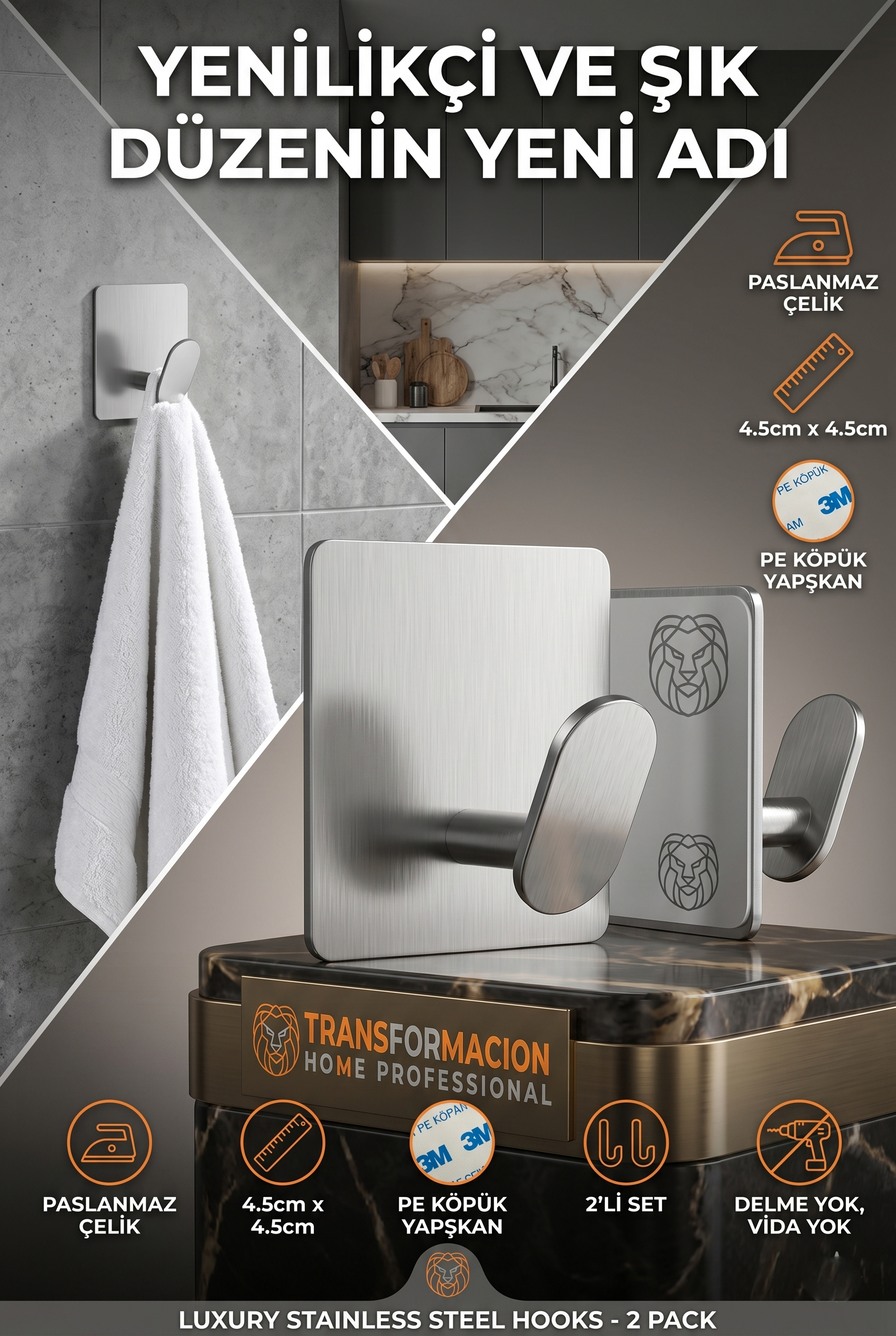 2'li Banyo ve Mutfak Askı Seti - SUS304 Lazer Kesim Çelik  Ultra Güçlü Yapışkanlı Askı 723140