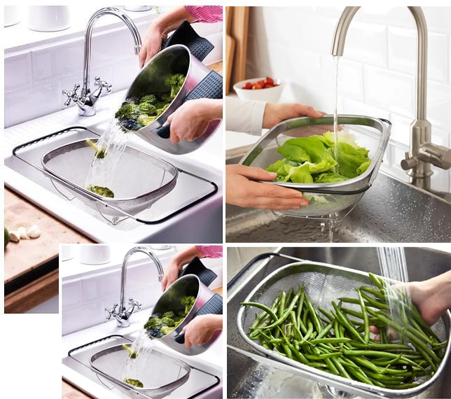 Ayarlanabilir Lavabo Üstü Süzgeç - Paslanmaz Çelik Makarna Meyve Sebze Yıkama Sepeti 723131