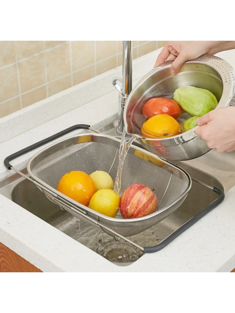 Ayarlanabilir Lavabo Üstü Süzgeç - Paslanmaz Çelik Makarna Meyve Sebze Yıkama Sepeti 723131
