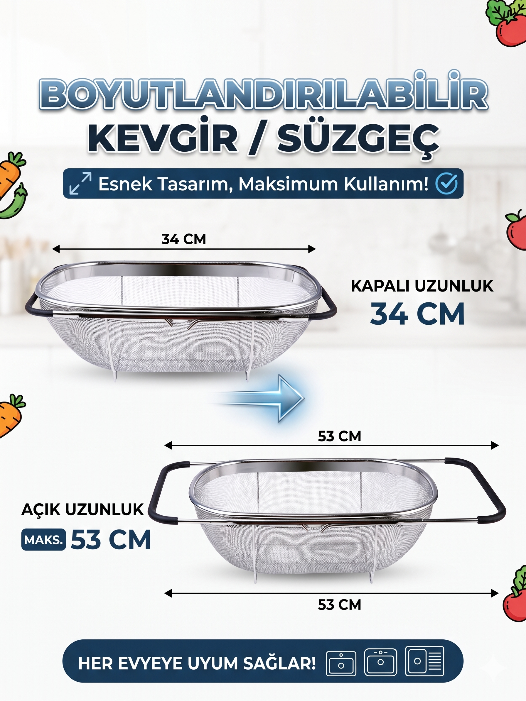 Ayarlanabilir Lavabo Üstü Süzgeç - Paslanmaz Çelik Makarna Meyve Sebze Yıkama Sepeti 723131
