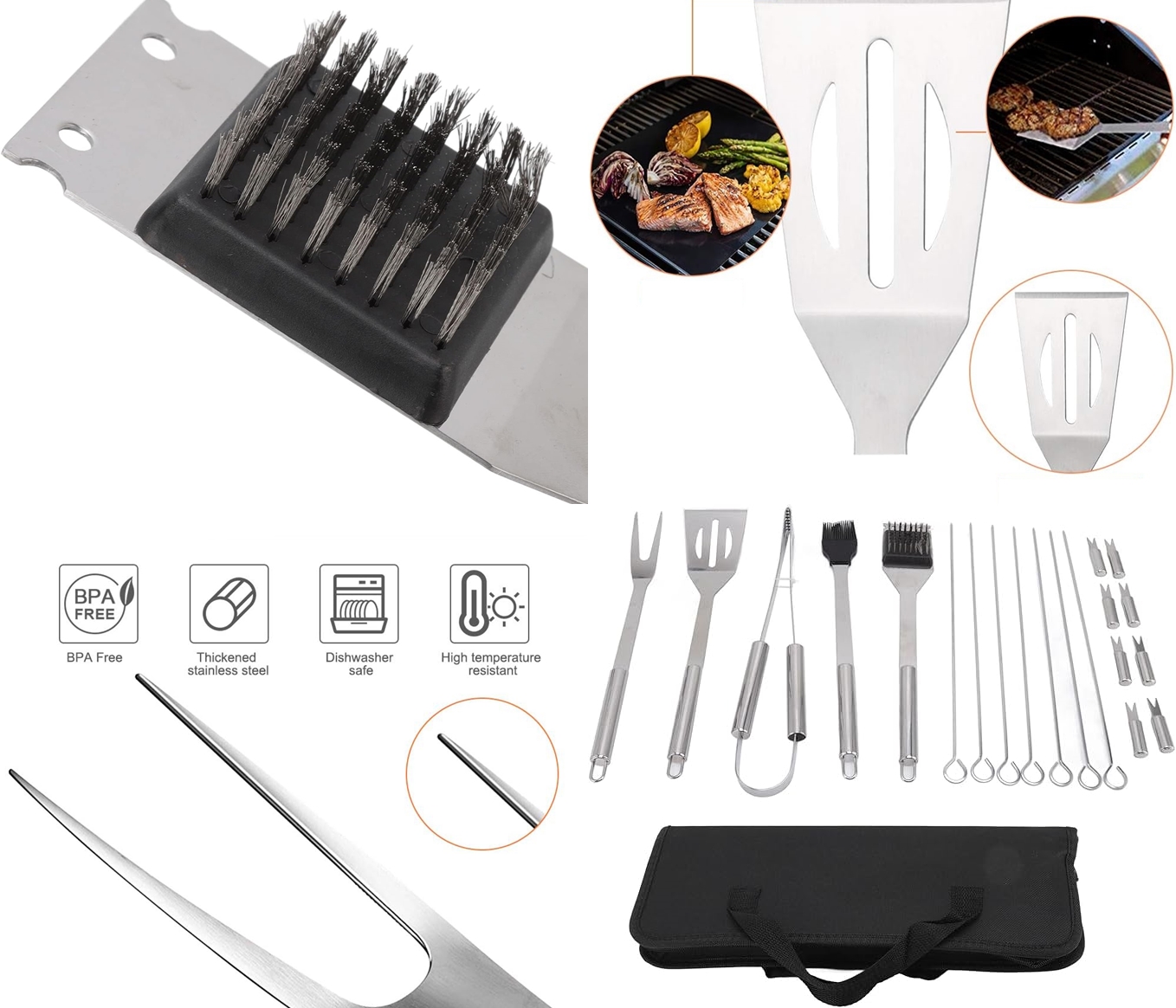 Profesyonel Barbekü Seti 20 Parça Çantalı Paslanmaz Çelik Mangal Maşa Spatula Fırça Şiş 723132