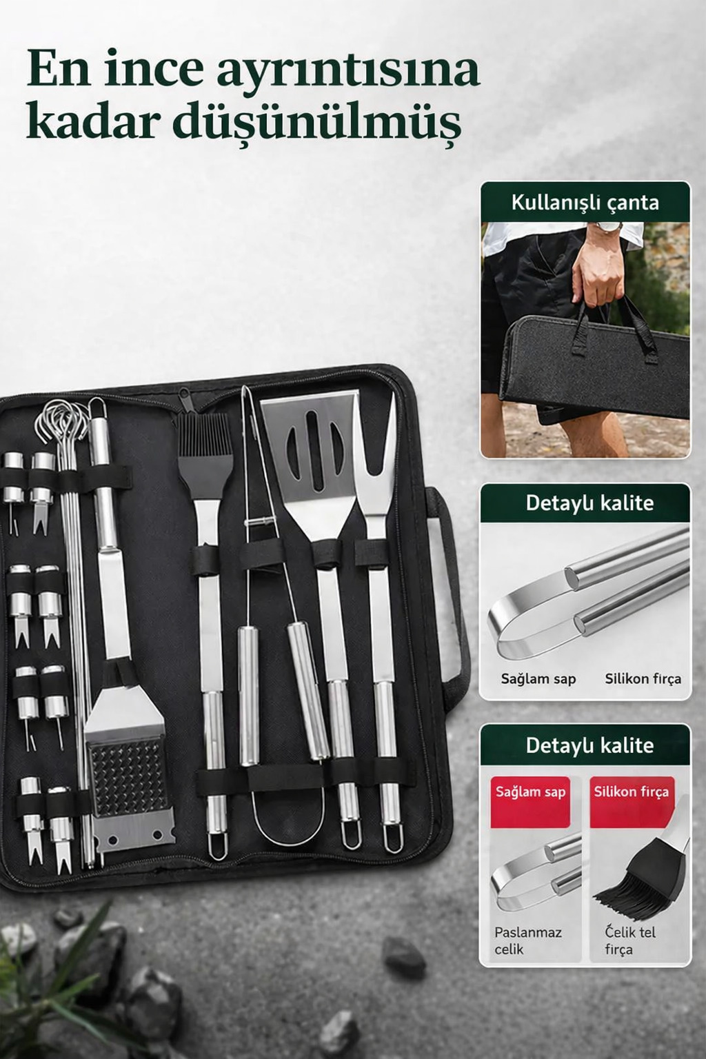 Profesyonel Barbekü Seti 20 Parça Çantalı Paslanmaz Çelik Mangal Maşa Spatula Fırça Şiş 723132