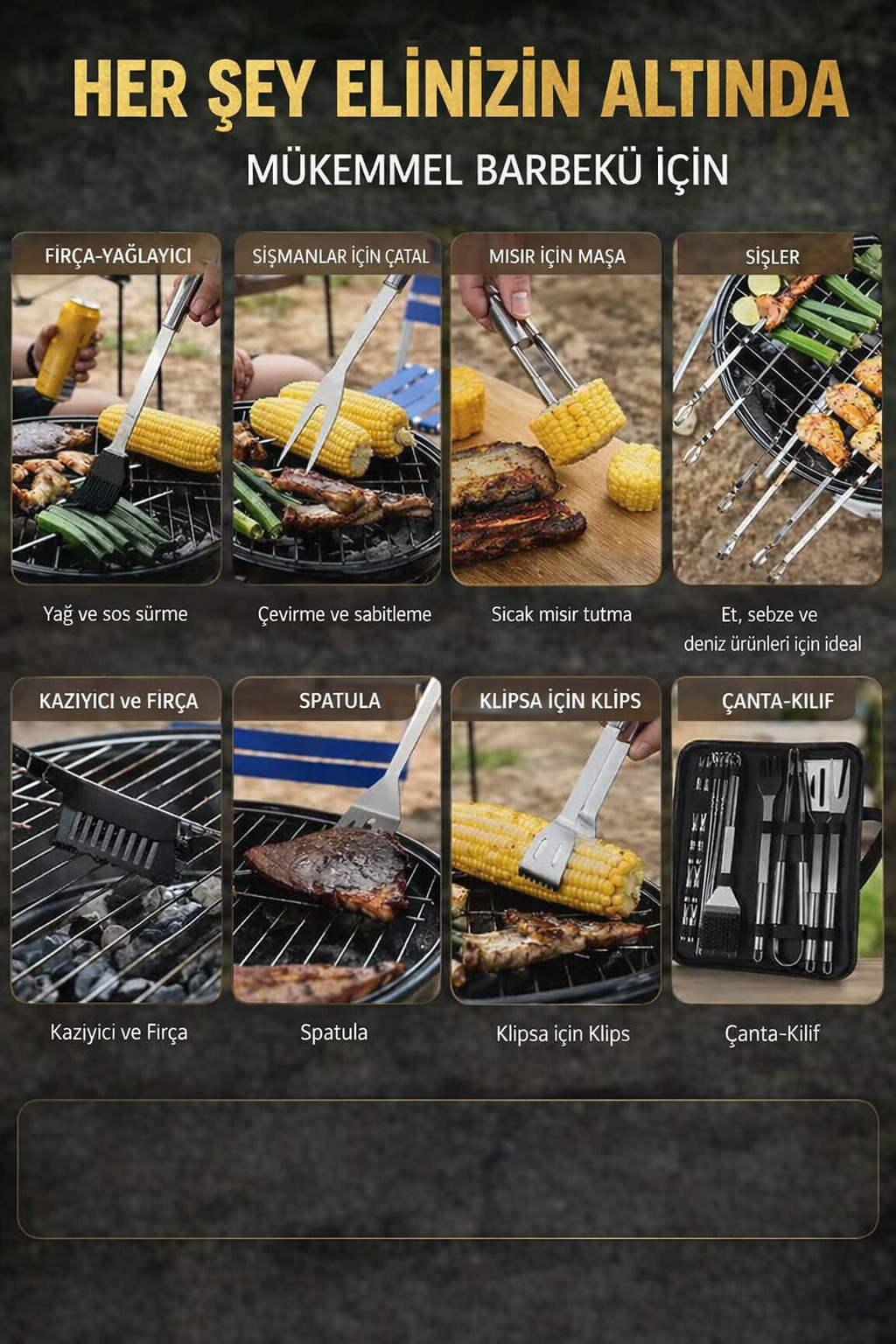 Profesyonel Barbekü Seti 20 Parça Çantalı Paslanmaz Çelik Mangal Maşa Spatula Fırça Şiş 723132