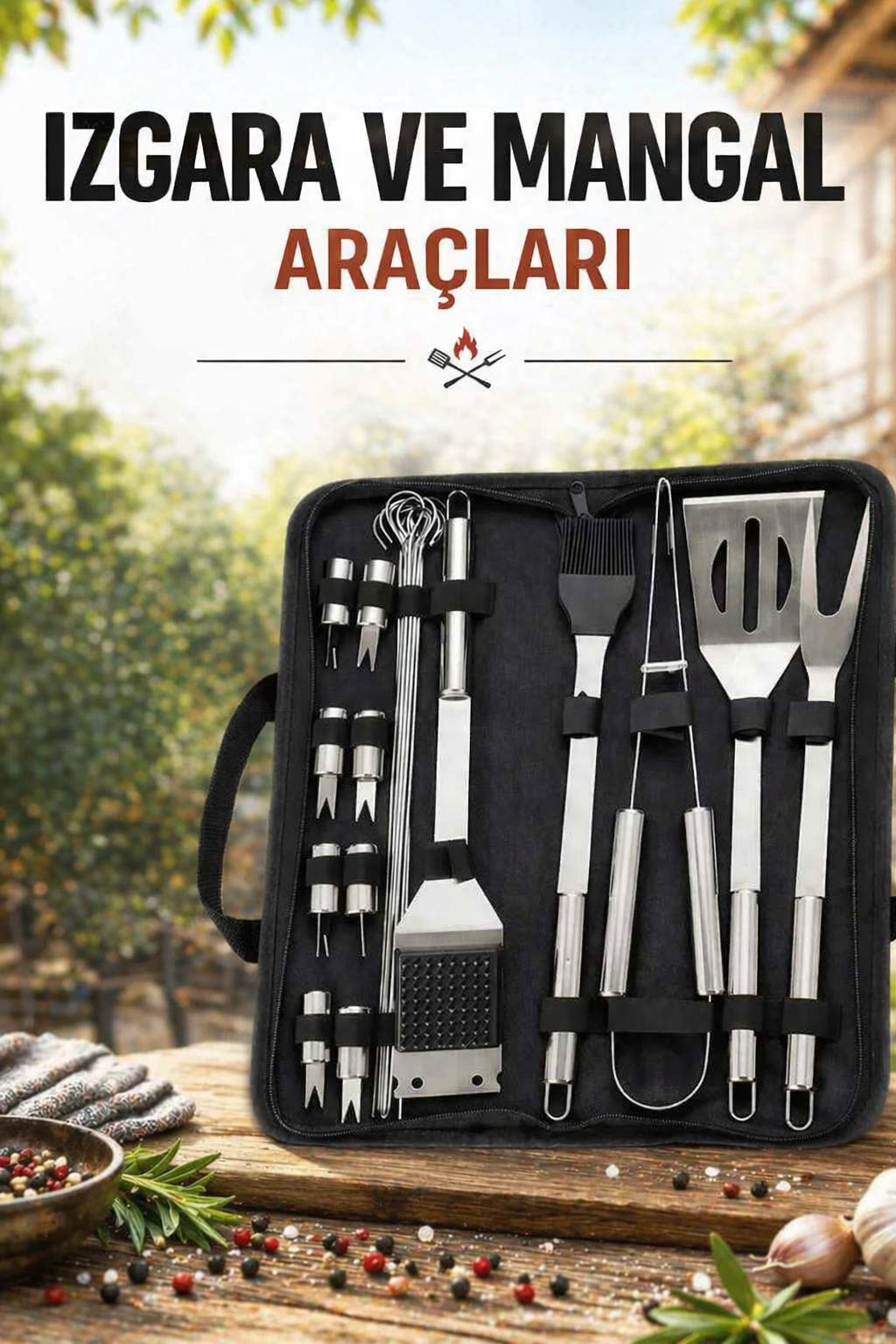 Profesyonel Barbekü Seti 20 Parça Çantalı Paslanmaz Çelik Mangal Maşa Spatula Fırça Şiş 723132