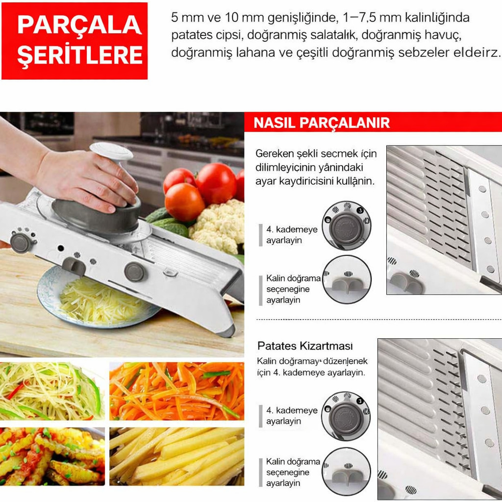 Profesyonel Mandolin Rende Sebze Doğrayıcı - 18 Fonksiyonlu Ayarlı Jülyen Dilimleyici 723134
