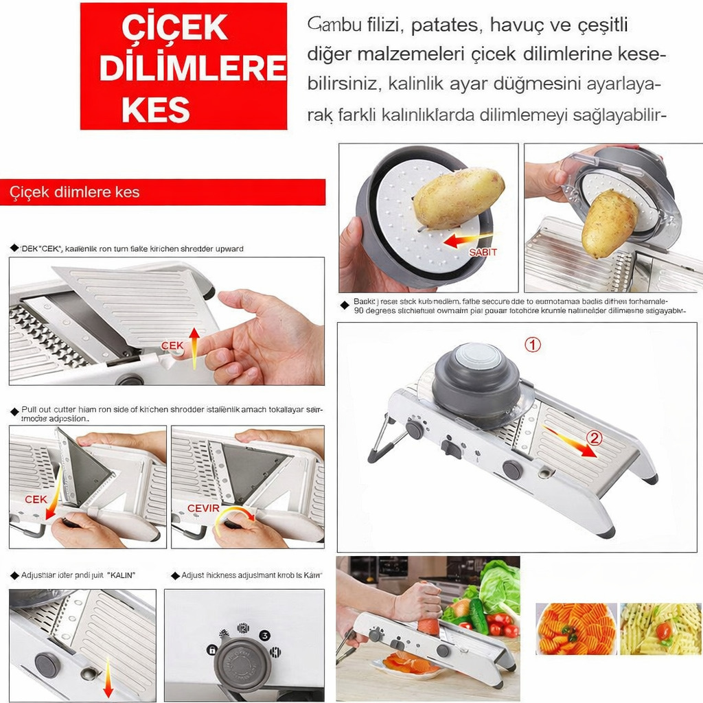 Profesyonel Mandolin Rende Sebze Doğrayıcı - 18 Fonksiyonlu Ayarlı Jülyen Dilimleyici 723134