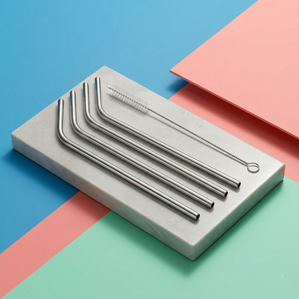 Paslanmaz Çelik Metal Pipet Seti 4'lü - Yıkanabilir Fırçalı Çevre Dostu Pipet 723136