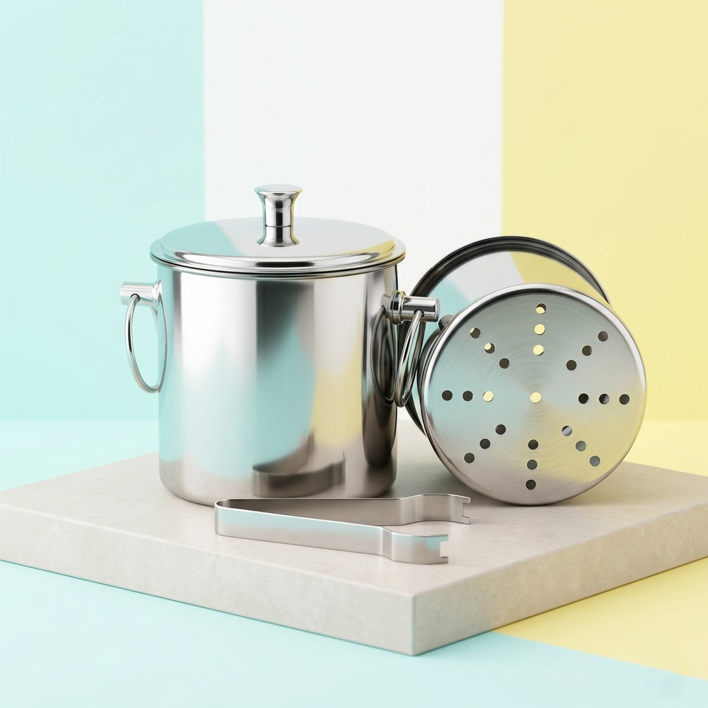 Paslanmaz Inox Parlak Çelik Buz Kovası Seti - Süzgeçli ve Buz Maşası Hediyeli 723145