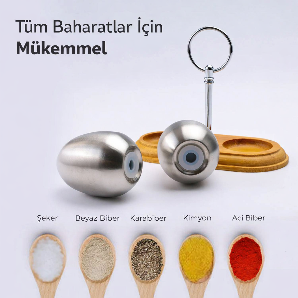 Ahşap Standlı Inox Paslanmaz Çelik Yumurta Formlu Tuzluk Biberlik Seti 723146