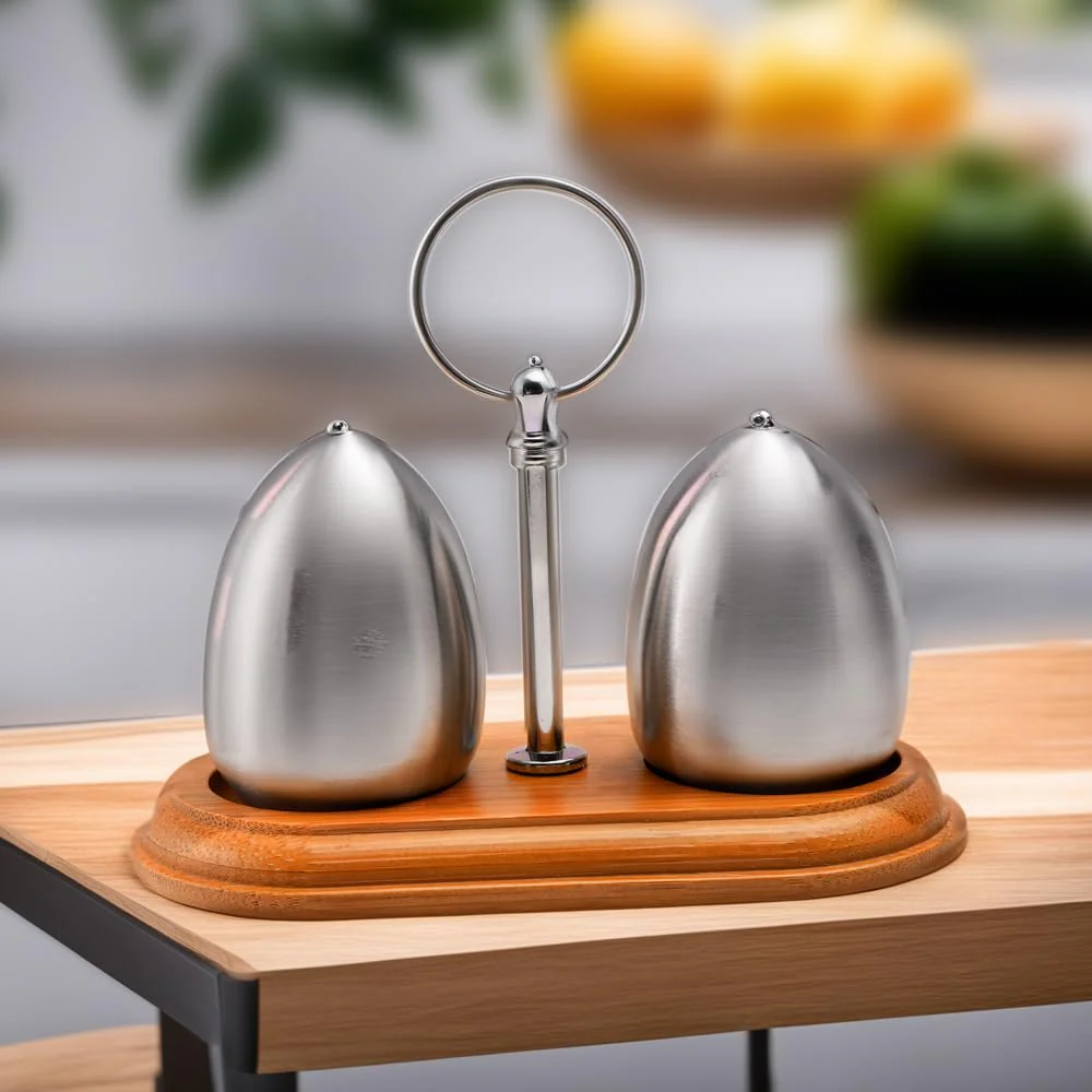 Ahşap Standlı Inox Paslanmaz Çelik Yumurta Formlu Tuzluk Biberlik Seti 723146