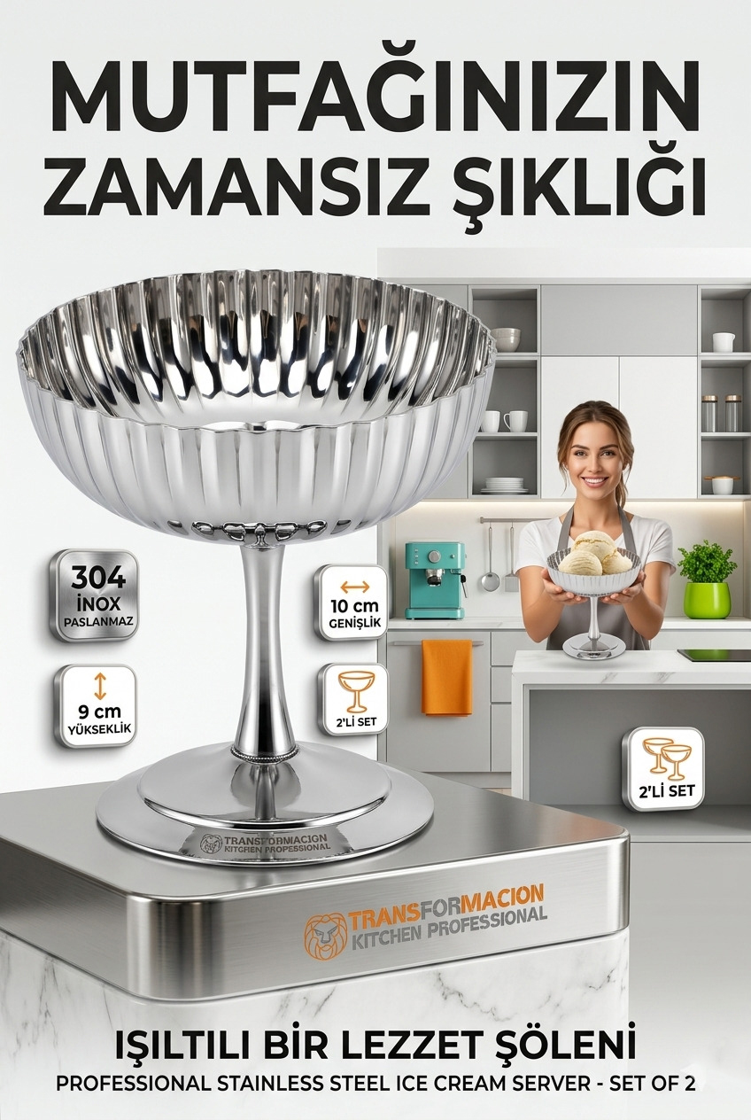 2'li Profesyonel İnox Gümüş Paslanmaz Çelik Ayaklı Dondurma ve Tatlı Sunum Kasesi Seti 723148