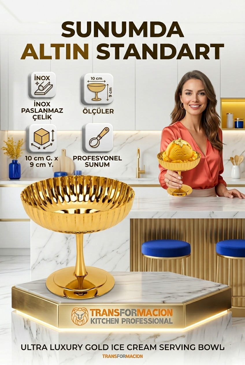 2'li Profesyonel İnox Gold Paslanmaz Çelik Ayaklı Dondurma ve Tatlı Sunum Kasesi Seti 723150