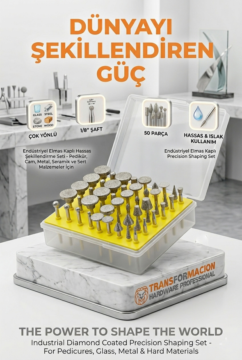 50 Parça Elmas Uçlu Döner Törpü ve Freze Seti - Pedikür Nasır, Topuk, Cam ve Taş İşleme Uçları 723151