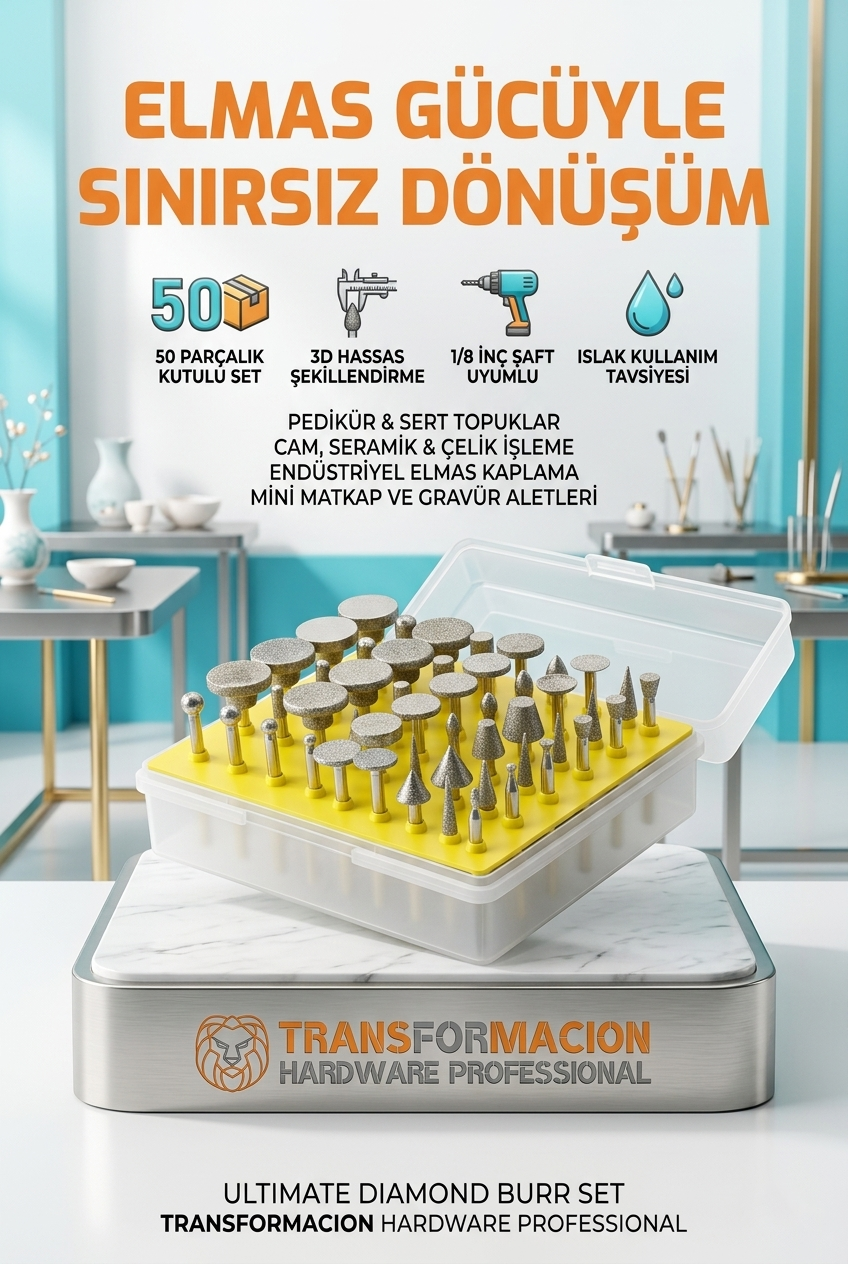 50 Parça Elmas Uçlu Döner Törpü ve Freze Seti - Pedikür Nasır, Topuk, Cam ve Taş İşleme Uçları 723151