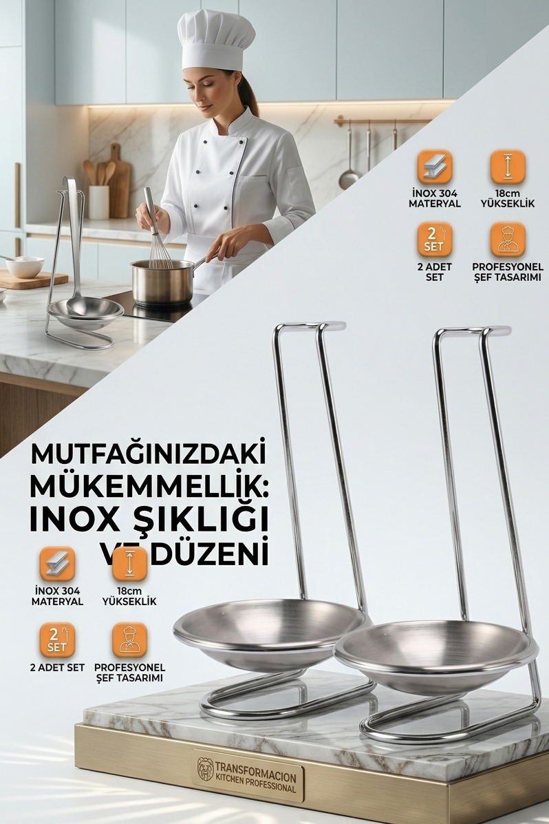 Inox Kepçe Standı - 2 li Kaşık Kepçe Standı- Profesyonel Şef Tasarımı 722045