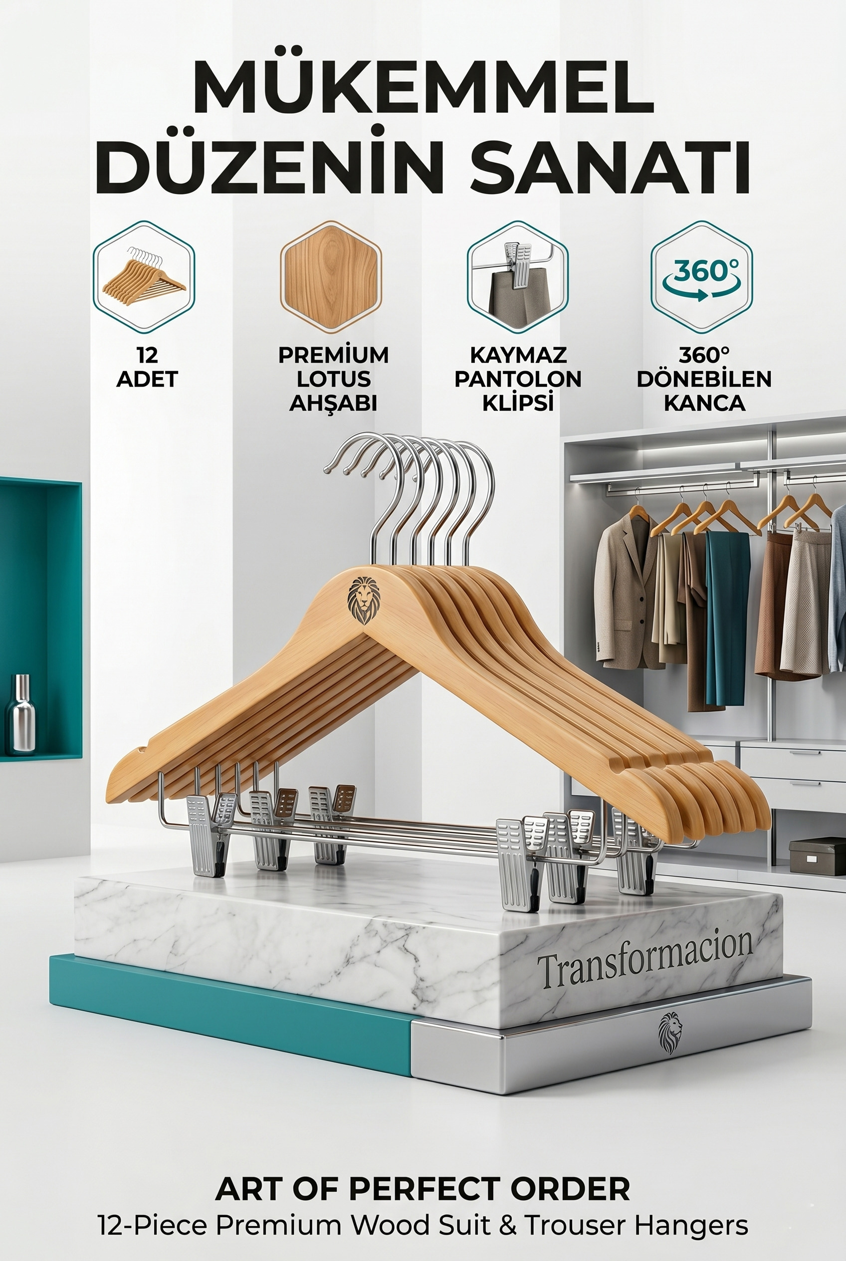 12'li Ahşap Takım Elbise Askısı Seti | Kıskaçlı Pantolon Askısı Kaymaz Çentikli Ceket Askılığı  723123 