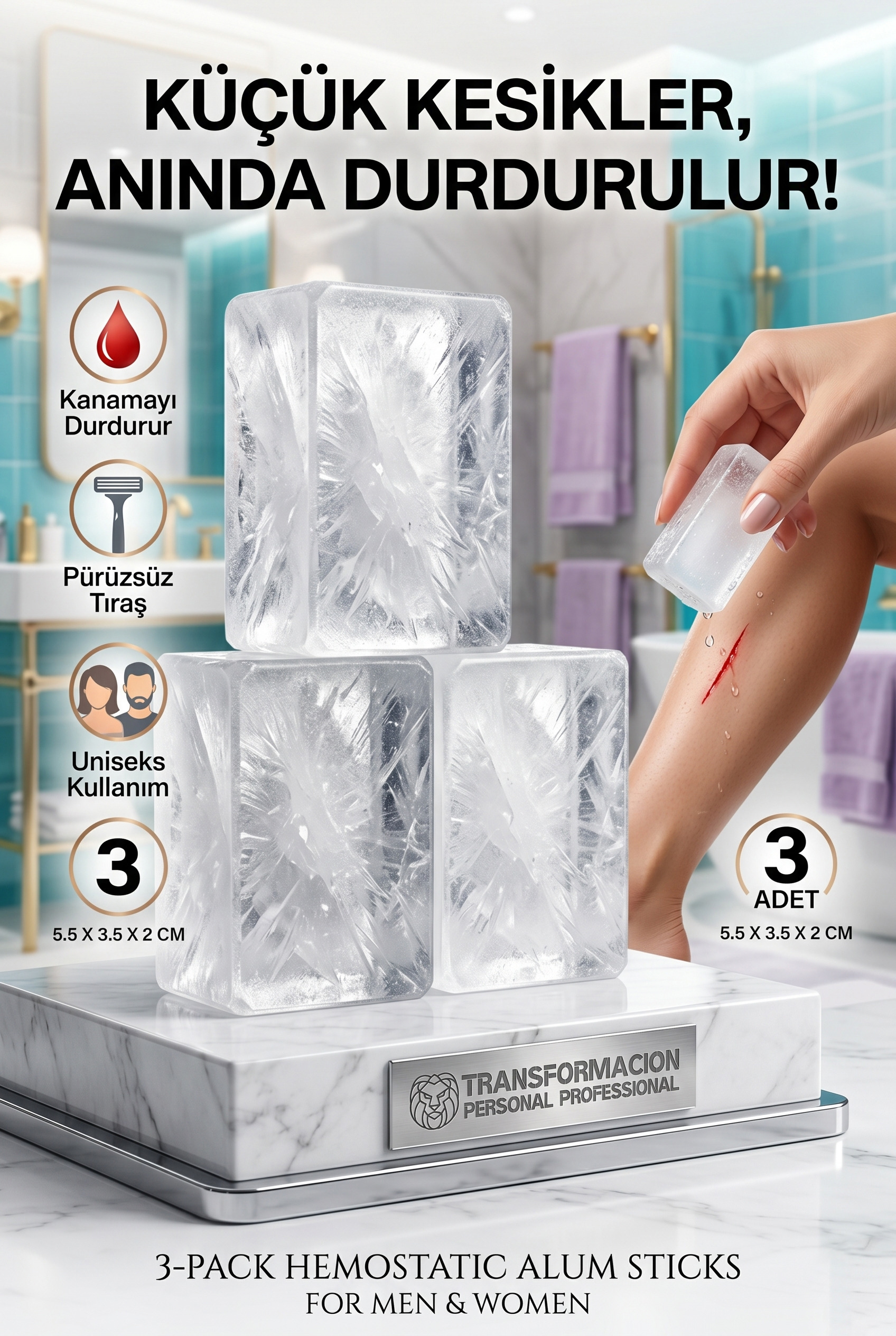 3'lü Paket Kan Durdurucu Kan Taşı | Tıraş ve Kesik İçin Anında  Şap Taşı | Styptic Alum Blok 723125