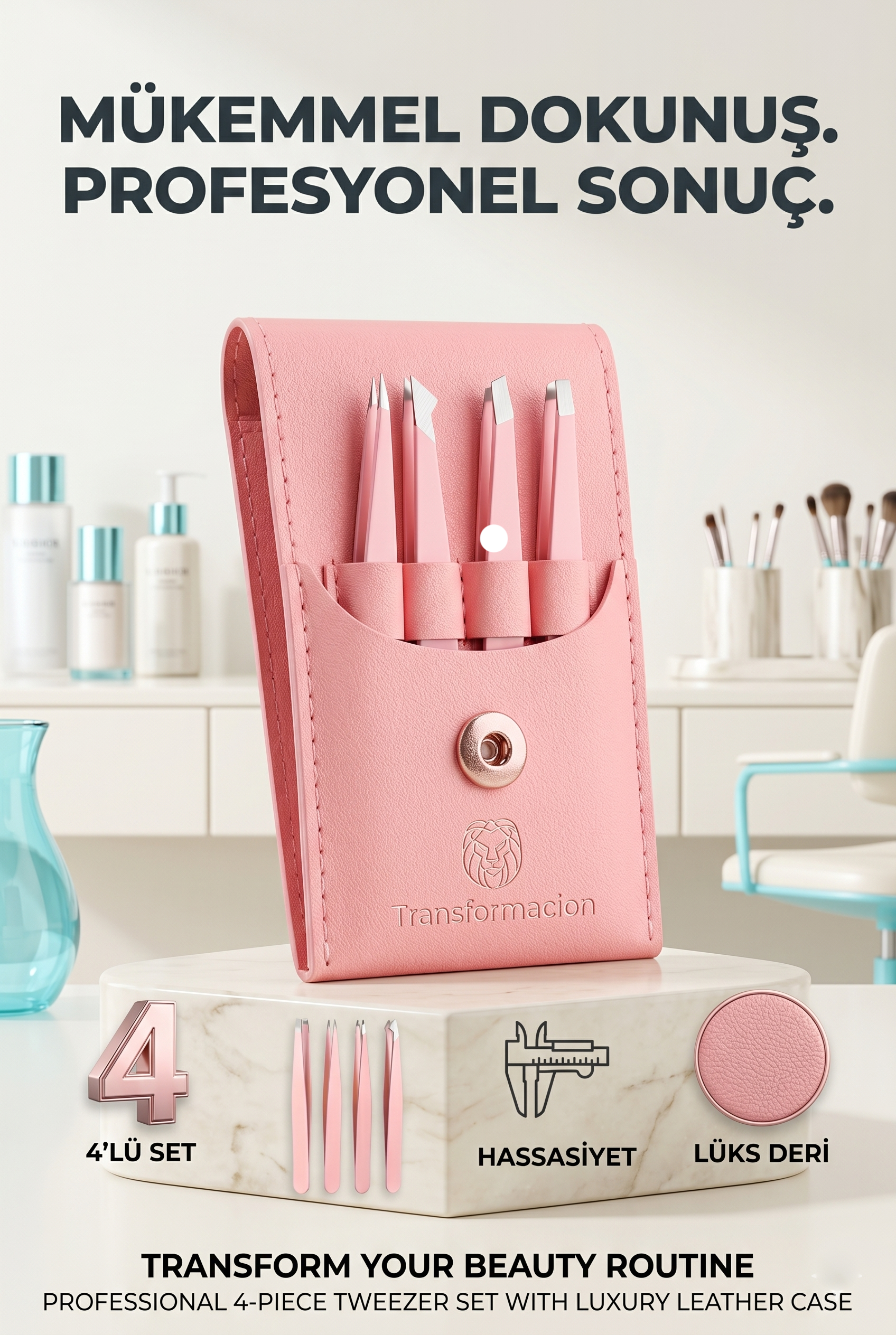 Profesyonel Kaş Alma Cımbız Seti - 4'lü Paslanmaz Çelik ve Özel Deri Taşıma Çantalı 723129