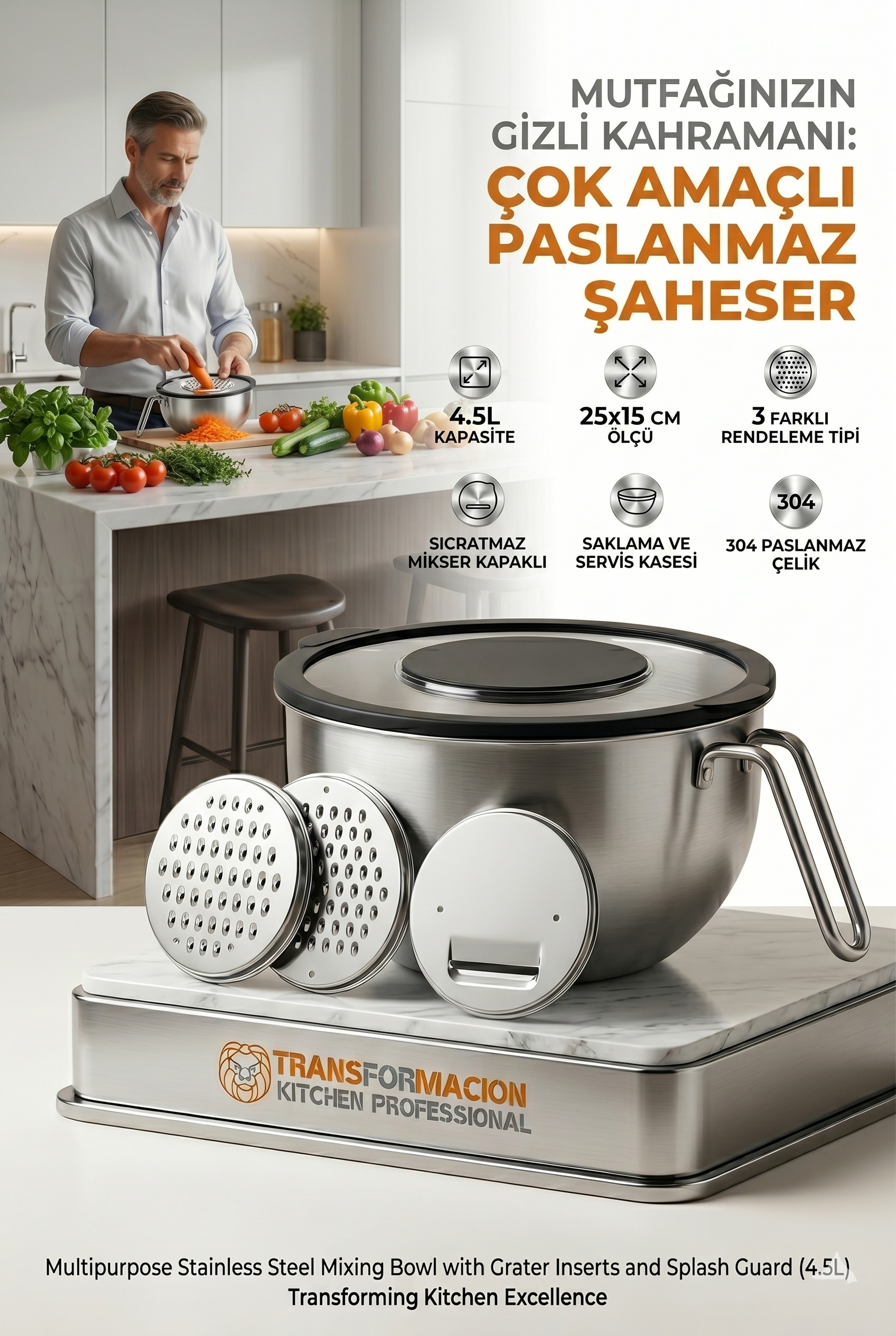 Çok Amaçlı Rendeli Paslanmaz Çelik Karıştırma Kabı - Sıçratmaz Mikser Kapağı ve Saklama Kasesi 4.5L 723130