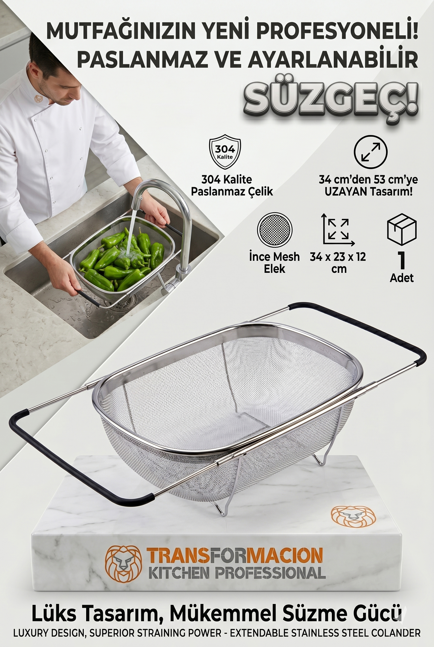 Ayarlanabilir Lavabo Üstü Süzgeç - Paslanmaz Çelik Makarna Meyve Sebze Yıkama Sepeti 723131