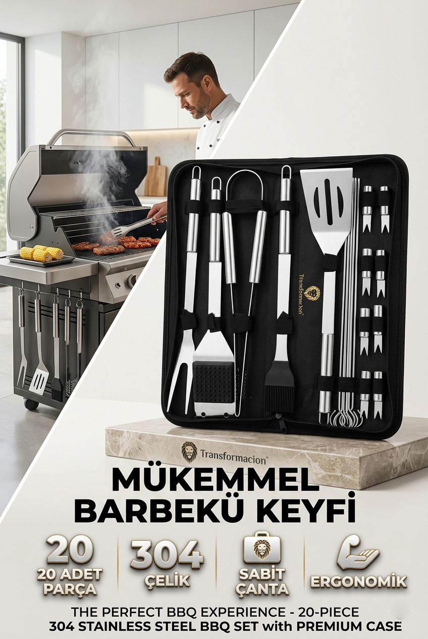 Profesyonel Barbekü Seti 20 Parça Çantalı Paslanmaz Çelik Mangal Maşa Spatula Fırça Şiş 723132