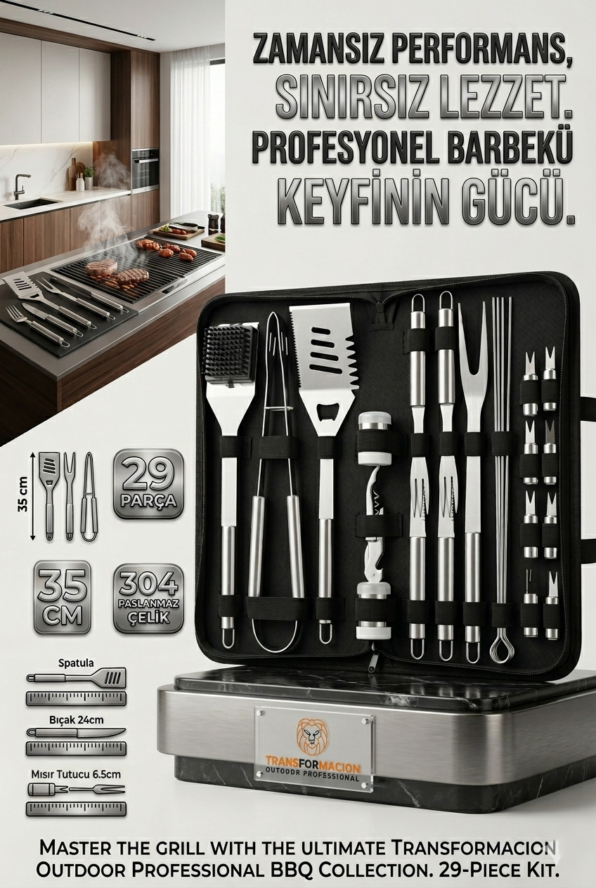 Profesyonel Barbekü Seti 29 Parça Çantalı - Paslanmaz Çelik Mangal Aletleri Bıçak Tirbuşon 723133