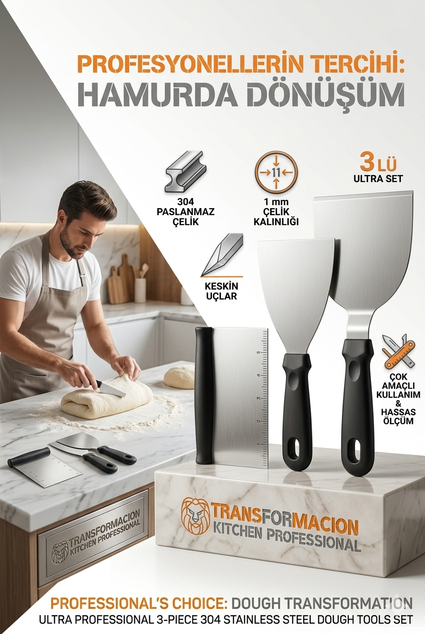 304 Inox Paslanmaz Çelik 3’lü Hamur Kesici ve Spatula Seti - Ultra Profesyonel Seri 723143