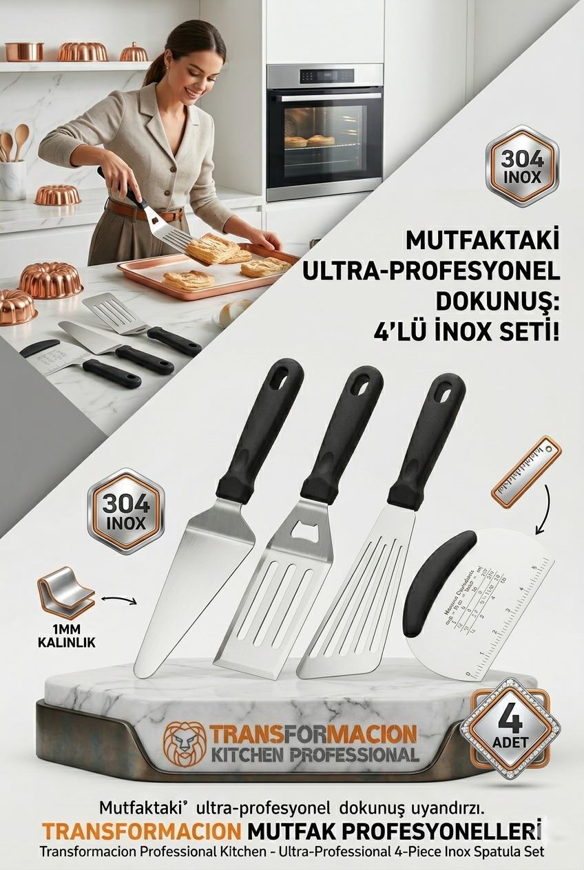  304 Inox Paslanmaz Çelik 4’lü Spatula ve Hamur Kesici Seti - Ultra Profesyonel Seri 723144