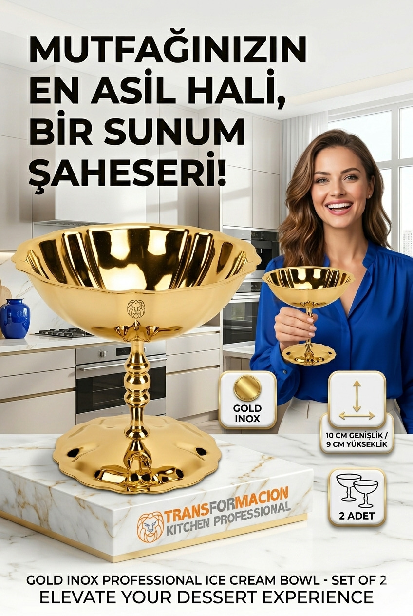 2'li Profesyonel İnox Gold Paslanmaz Çelik Ayaklı Dondurma ve Tatlı Sunum Kasesi Seti 723149