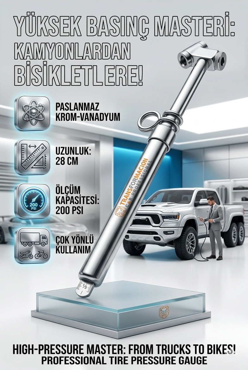 200 PSI Profesyonel Metal Kalem Tipi Lastik Basınç Ölçer - Kamyon ve Otobüs Uyumlu 723154