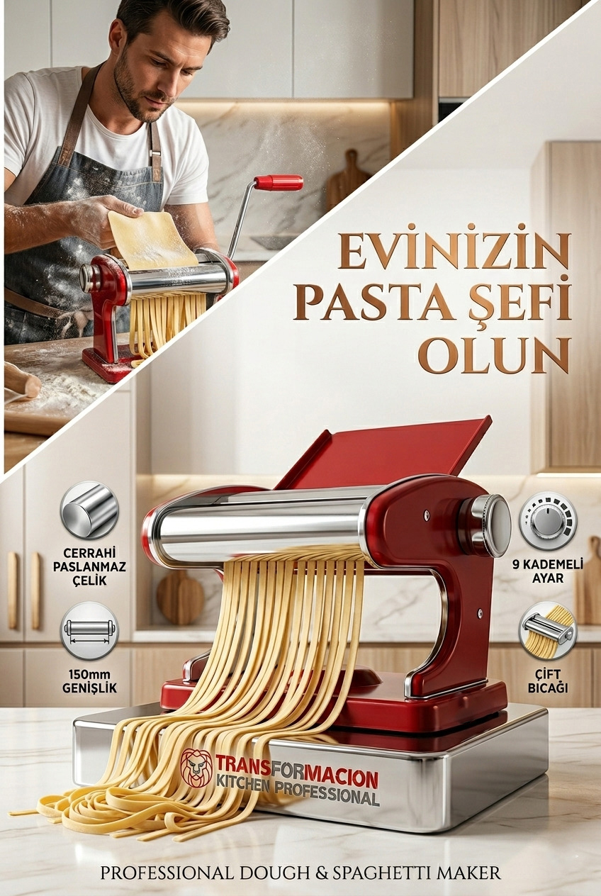 Kırmızı Makarna Makinesi 9 Ayarlı - Profesyonel Çelik Erişte ve Spagetti Açma Makinası 723139