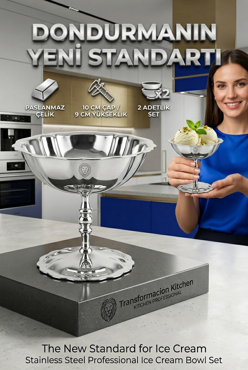 2'li Profesyonel İnox Gümüş Paslanmaz Çelik Ayaklı Dondurma ve Tatlı Sunum Kasesi Seti 723147